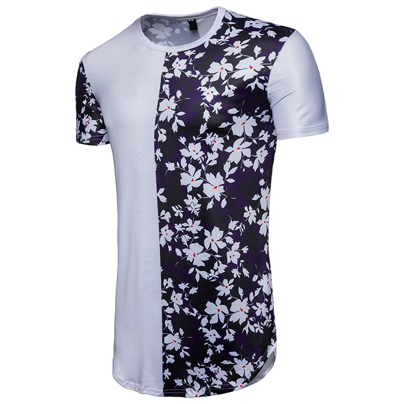 White Blue Floral Colorblock Printed T Shirt