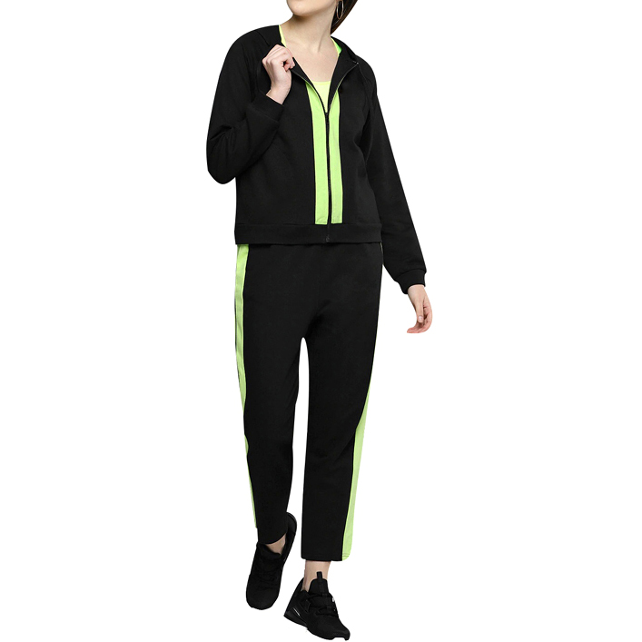 Solid Black Yellow Stripes Tracksuits Women