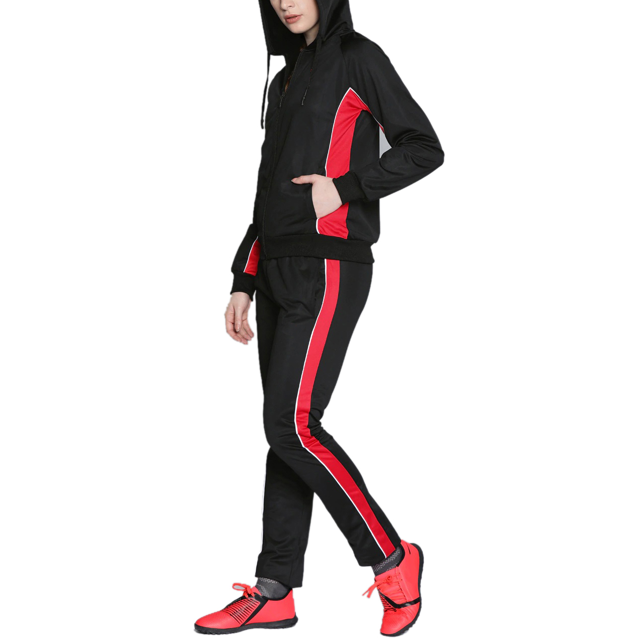 Solid Black Red Side Paneling Tracksuits