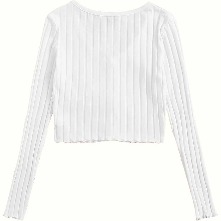 Button Front Rib-Knit Lettuce Trim Tee