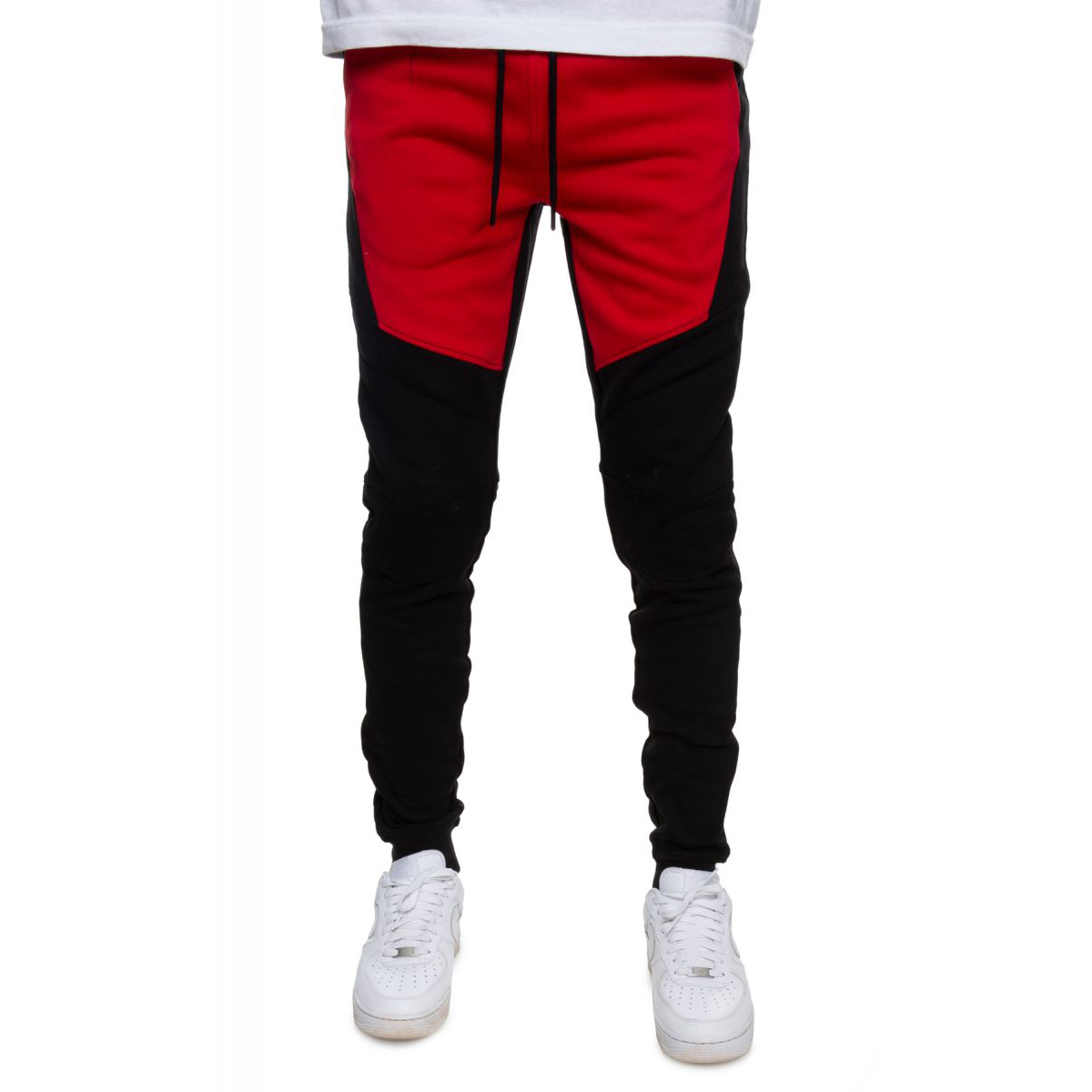 Red Patchwork Style Black Jogger Pants